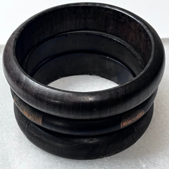Vintage 60's Handmade Ebony Wood Bangle Set - Picture 3 of 5